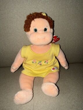 Ty beanie baby girl “curly” beanie kid Baby Doll in Yellow Dress with Brown Hair